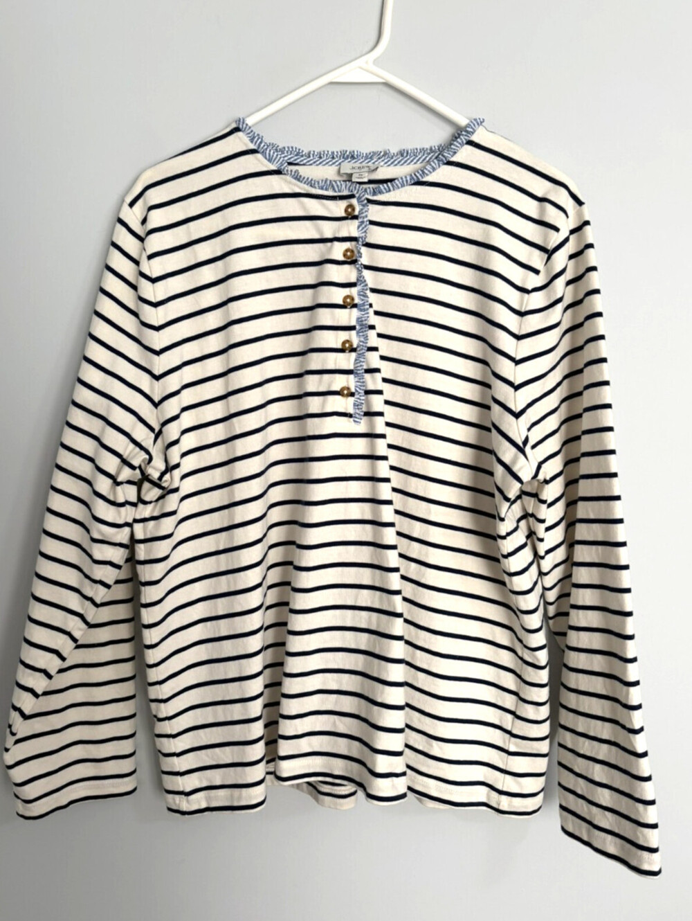 J Crew Womens Plus 2X White Navy Striped Ruffle Neck Long Sleeve Henley Top